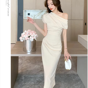 Elegant Off Shoulder Evening Party Dresses Women Summer Fashion Slim One Piece Solid Vestidos Korean Graduation Robe Clothing