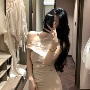 Women Elegant Solid Evening Party Dresses Summer Fashion Korean Graduation Formal Dress Off Shoulder Slim Vestidos Clothing