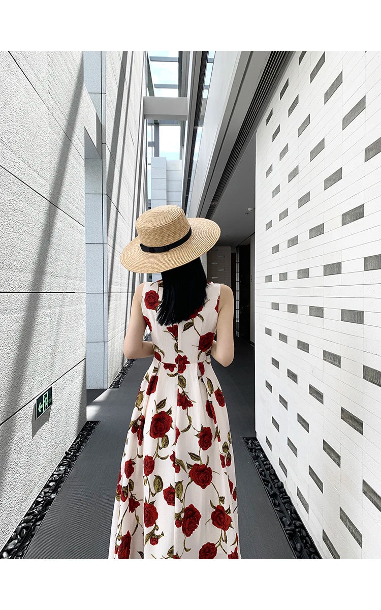 Women's Summer Elegant Floral Print Rose Strap Midi Dress Sleeveless Casual Beach Party Sundress Female Fashion A-Line Vestidos