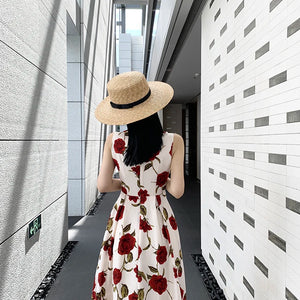 Women's Summer Elegant Floral Print Rose Strap Midi Dress Sleeveless Casual Beach Party Sundress Female Fashion A-Line Vestidos