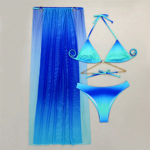 3 Piece Backless Bikinis & Long Beach Skirt Swimwear 2024 New Women Ring Link Swimsuit Lady Bathing Swimming Summer Beachwear