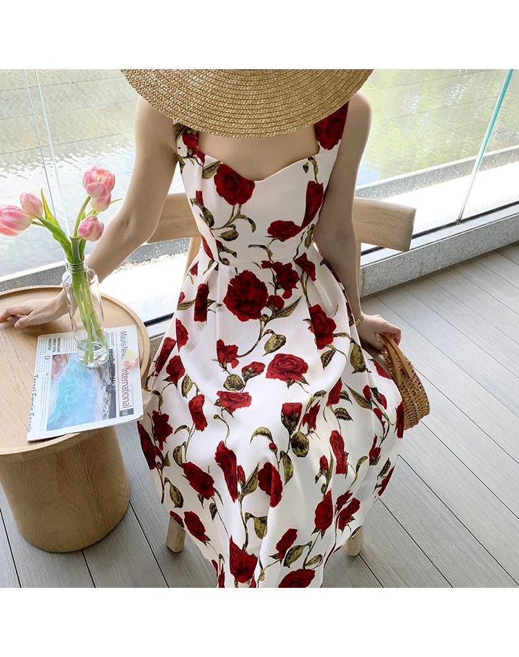 Women's Summer Elegant Floral Print Rose Strap Midi Dress Sleeveless Casual Beach Party Sundress Female Fashion A-Line Vestidos