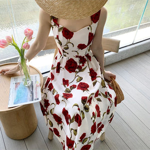 Women's Summer Elegant Floral Print Rose Strap Midi Dress Sleeveless Casual Beach Party Sundress Female Fashion A-Line Vestidos