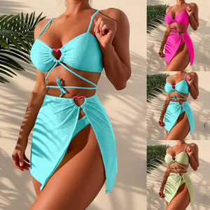 Beach Clothes Women'S 3 Piece Solid Bikini Set Swimsuit With Sarongs Cover Ups Beach Skirt Bathing Suit комплекти бікіні