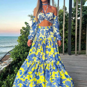 Dress Women Summer V Neck Spaghetti Strap Floral Sleeveless Casual Split Long Maxi Dress Halter Cover Up