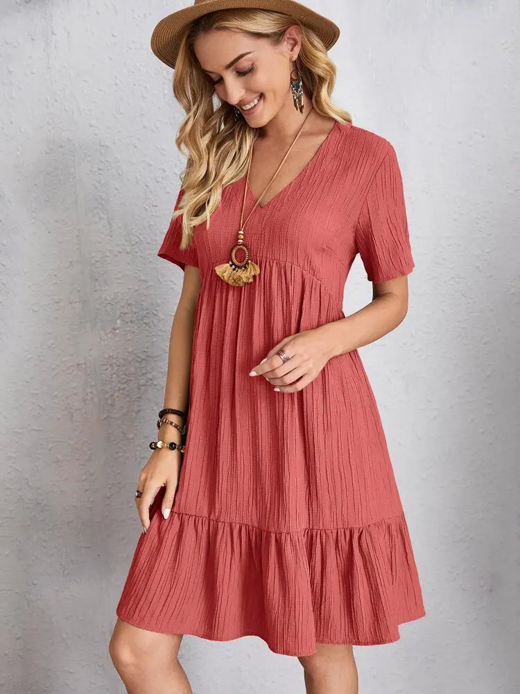 Vintage Solid Elegant Women Dress 2023 Summer Fashion Casual V-Neck High Waist A-Line Mini Dresses Lady Short Sleeve Party Dress