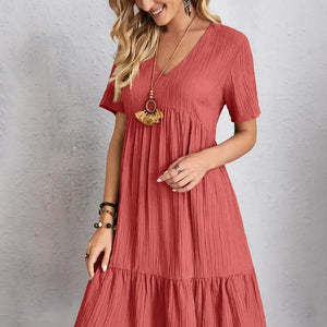 Vintage Solid Elegant Women Dress 2023 Summer Fashion Casual V-Neck High Waist A-Line Mini Dresses Lady Short Sleeve Party Dress