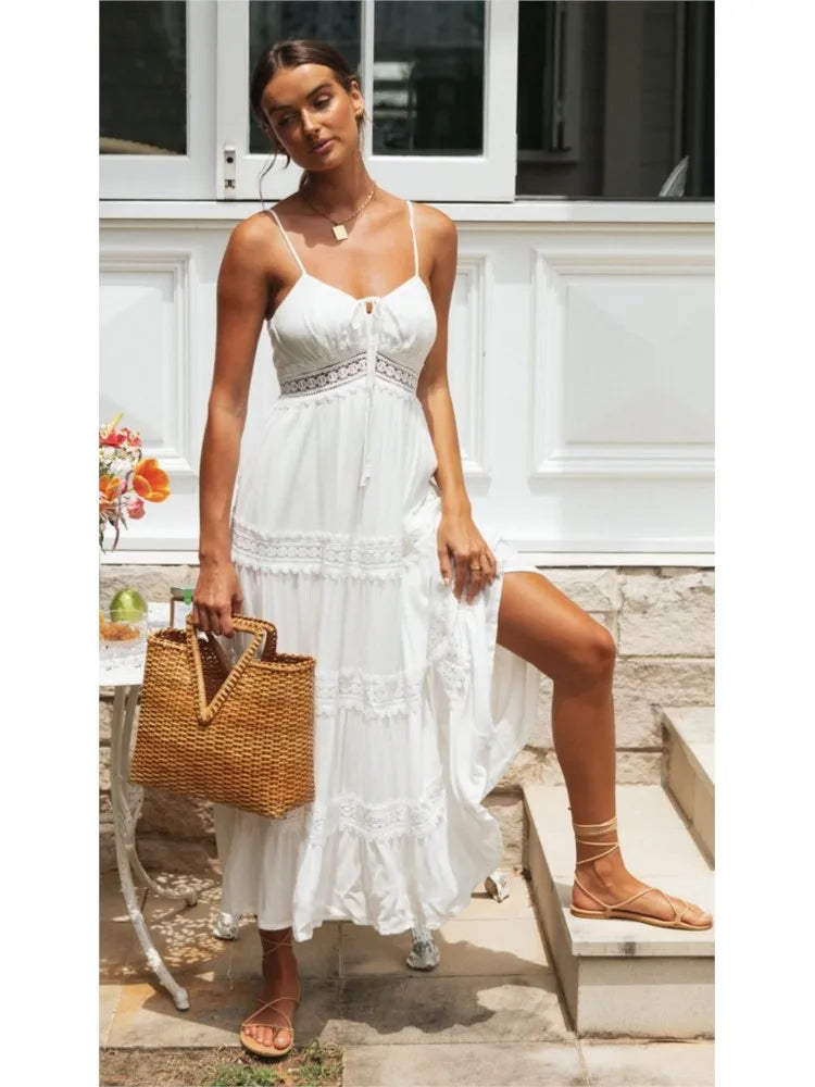 Summer New Women Boho Dress Fashion Spaghetti Strap White Beach Party Dress Robe Femme 2024 Elgeant Casual Female Vestidos