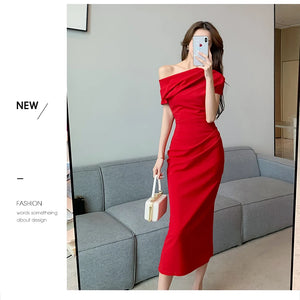 Elegant Off Shoulder Evening Party Dresses Women Summer Fashion Slim One Piece Solid Vestidos Korean Graduation Robe Clothing