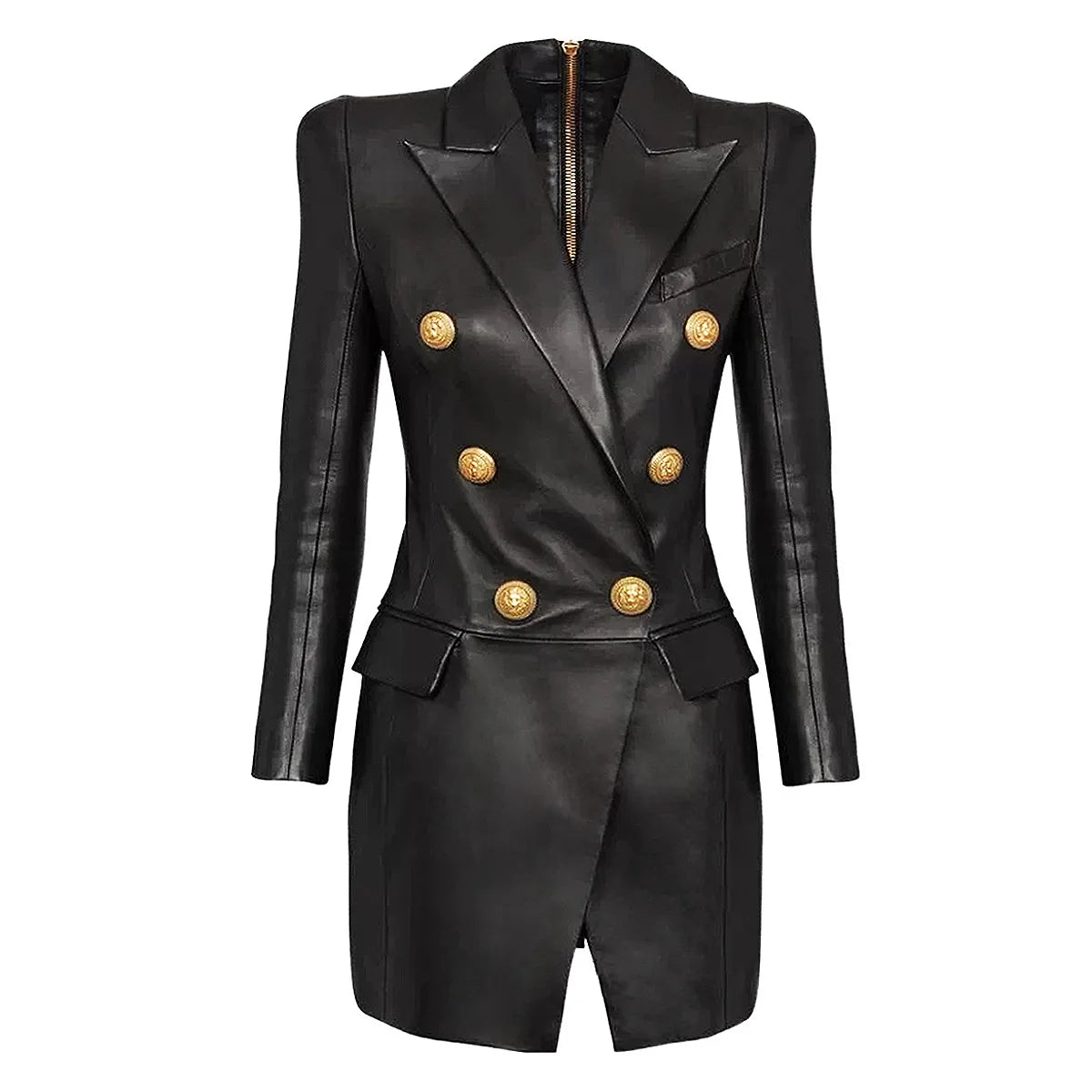 HIGH STREET Newest Fashion 2024 Designer Women's Lion Metal Buttons Faux Leather Blazer Dress