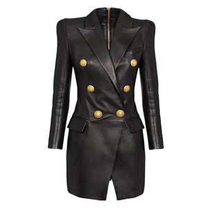 HIGH STREET Newest Fashion 2024 Designer Women's Lion Metal Buttons Faux Leather Blazer Dress