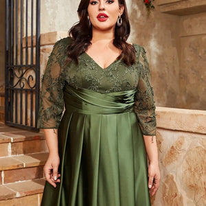 Mgiacy  plus size V-neck lace embroidery Mosaic satin cloth hand-folded long skirt Evening gown ball dress Party dress