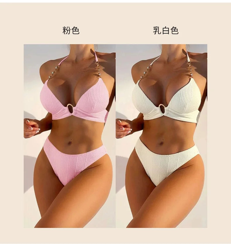 New Sexy Split Solid Color Bikini Striped Pearl Neck Swimsuit