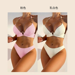 New Sexy Split Solid Color Bikini Striped Pearl Neck Swimsuit