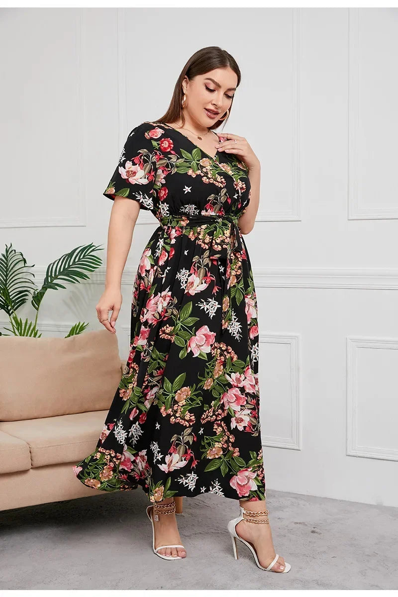 plus size New best-selling oversized loose V-neck dress for women with elastic waist  short sleeved printed long skirt