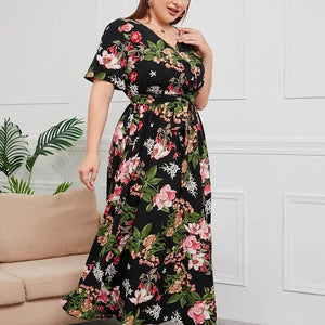 plus size New best-selling oversized loose V-neck dress for women with elastic waist  short sleeved printed long skirt