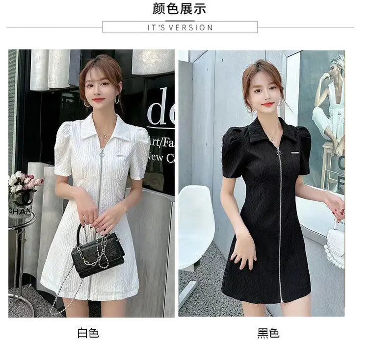 Summer Fashion Retro French Style Black White Chic Elegant Dresses for Women Casual Zipper Short Sleeve Slim Midi Dress Vestidos