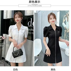 Summer Fashion Retro French Style Black White Chic Elegant Dresses for Women Casual Zipper Short Sleeve Slim Midi Dress Vestidos