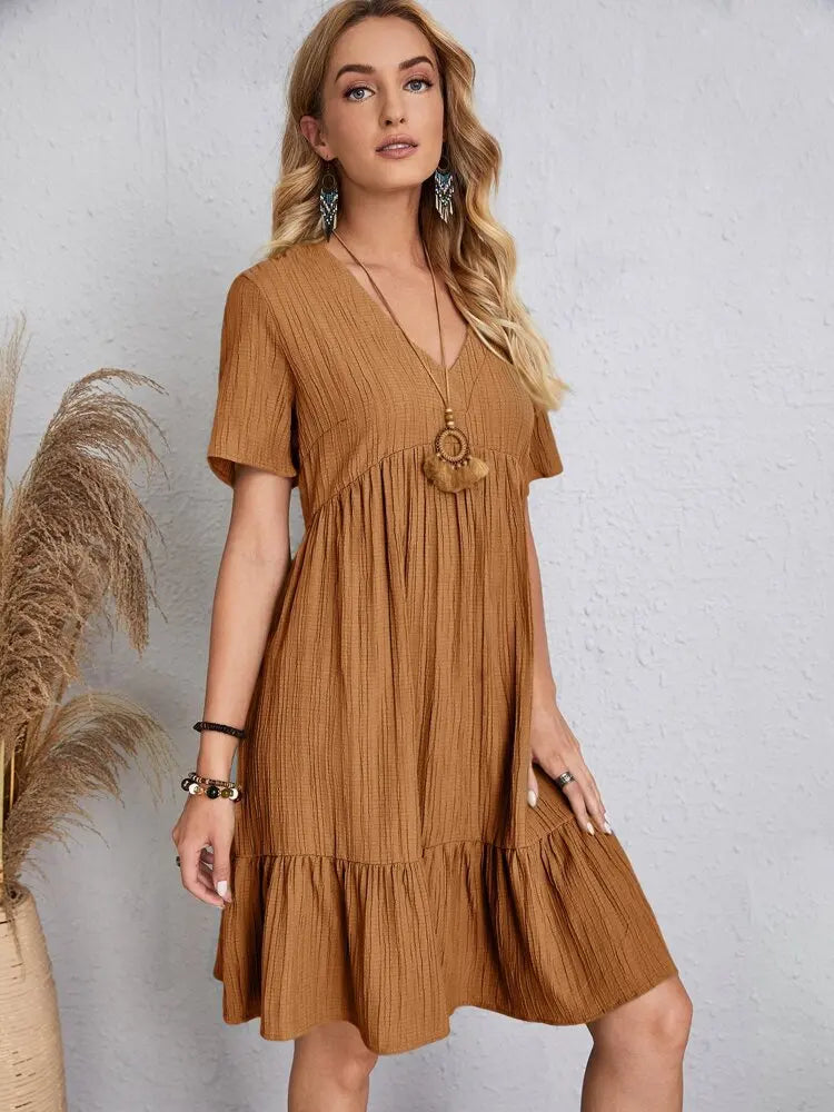 Vintage Solid Elegant Women Dress 2023 Summer Fashion Casual V-Neck High Waist A-Line Mini Dresses Lady Short Sleeve Party Dress