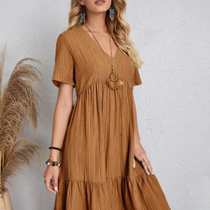 Vintage Solid Elegant Women Dress 2023 Summer Fashion Casual V-Neck High Waist A-Line Mini Dresses Lady Short Sleeve Party Dress