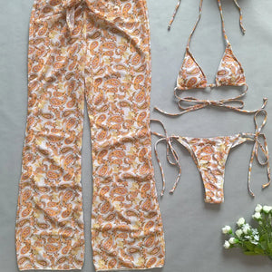 3Pcs Bikini Set Sexy Bikini Push UP Women Swimsuit Female Swimwear with Cover-Ups Bathing Suit Beachwear Print Pants 2024 New