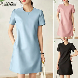 ZANZEA Summer Fashion OL Work Dress Woman Short Sleeve O-Neck Dresses Elegant Solid Knee Length Robe Casual Street Sundress 2023