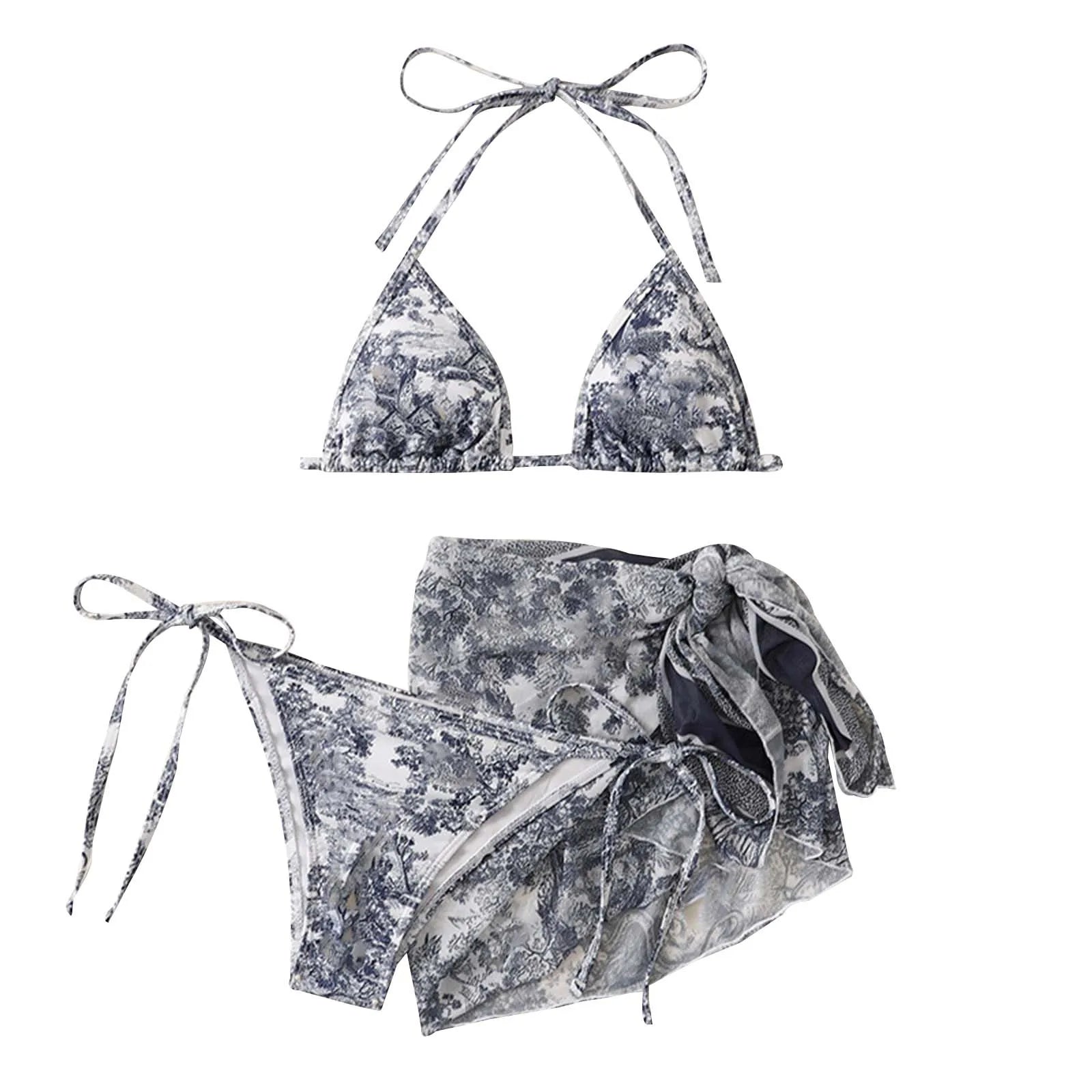 New Sexy Floral Printed Bikini Three Piece Ink Wash Tie Dye Bikini Set With Sheer Sunscreen Poncho Swimsuit Women Ropa De Mujer