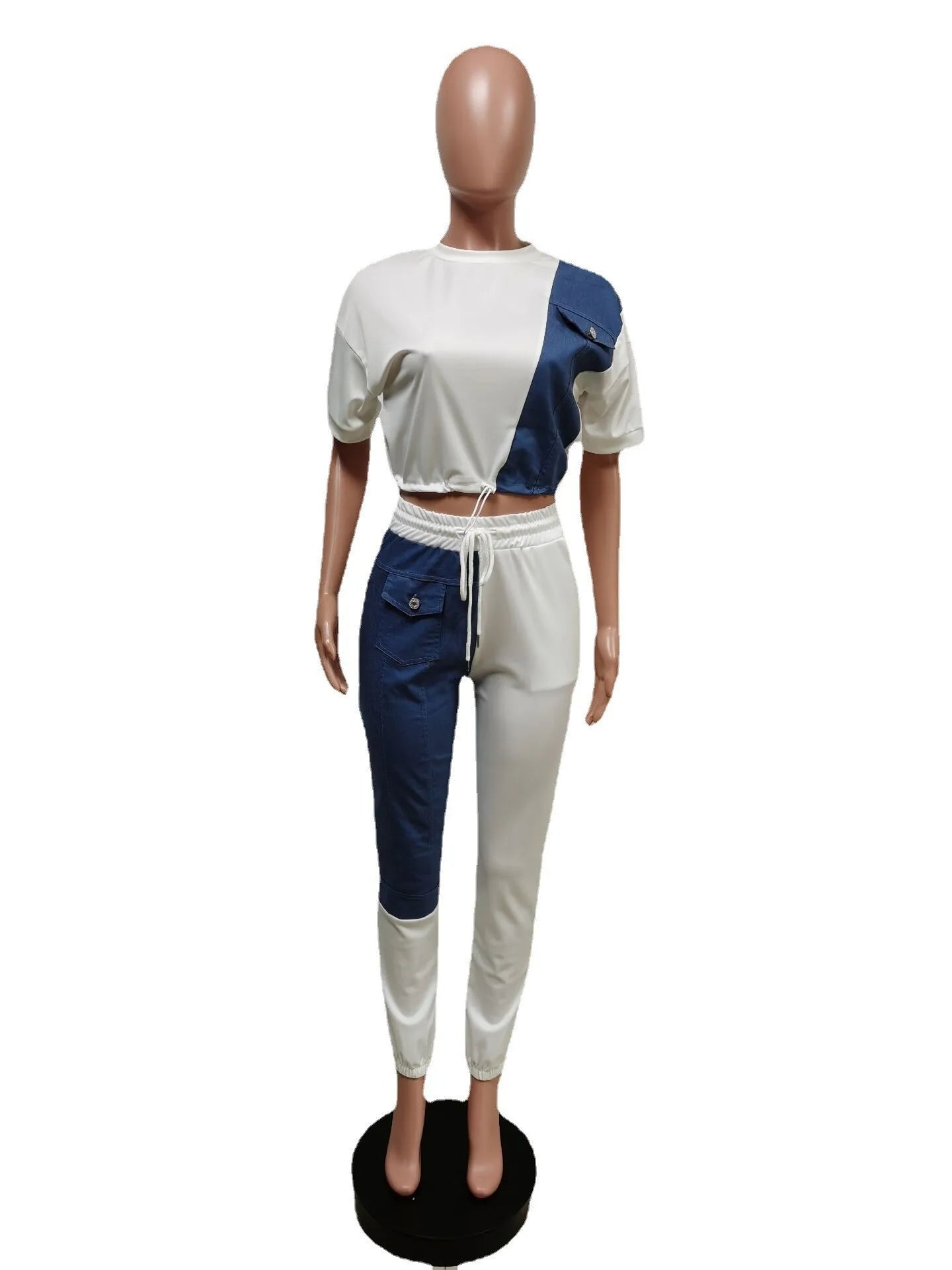 Jeans Denim Patchwork Streetwear Two Piece Set Women Summer Short Sleeve Crop Top T-Shirt Jogger Pants Fitness Outfit Tracksuit