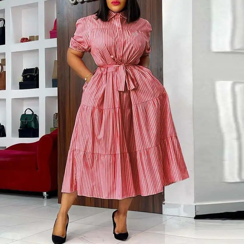 Plus Size 5XL VONDA Women Fashion Shirt Dress 2024 Summer Short Sleeve Casual Midi Sundress Elegant Loose Stripe Vestidos Belted