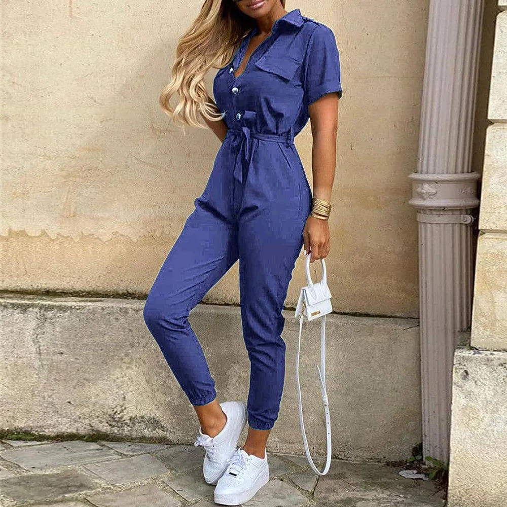 New Summer Jumpsuit Women Elegant Casual Lapel Buckle Printed Female Jumpsuit Woman Trousers Playsuit Overalls Bodysuit Romper