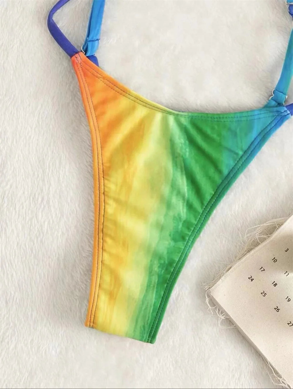 Rainbow Print Bikini Gradient Micro Monokini Swimsuit Cross String Backless Women Vacation Swimwear One-piece Beach Bathing Suit