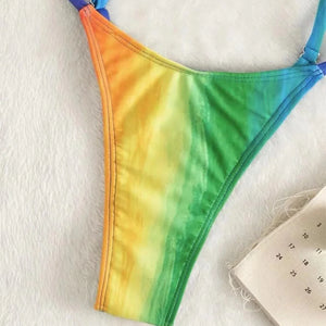 Rainbow Print Bikini Gradient Micro Monokini Swimsuit Cross String Backless Women Vacation Swimwear One-piece Beach Bathing Suit