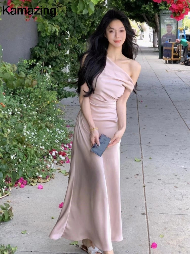 Women Elegant Solid Evening Party Dresses Summer Fashion Korean