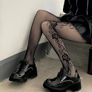 Gothic Fishnet Stockings Lolita Mesh Tights for Women JK Y2k Netting Hollow Out Pantyhose with Pattern Leggings Sexy Lingerie