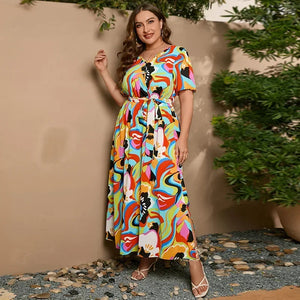 plus size New best-selling oversized loose V-neck dress for women with elastic waist  short sleeved printed long skirt