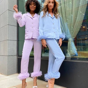 Two Piece Sets Women Pajamas Set 2024 Autumn Casual Lapel Tops Feathers Pants Suits Sexy Lingerie Nightwear Pyjamas Homewear