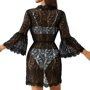 Lace Bikini Cover Up Knit Crochet Floral Sexy Bathing Swimwear See-Through V-Neck Tunic Dress Beachwear Women Robe Outfit Hot