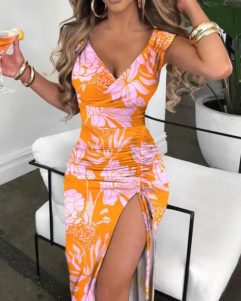 Summer Women Print Dress Fashion Casual Elegant V-neck Sleeveless Bodycon Beach Party Dresses Robe Femme 2024 New Vestidos