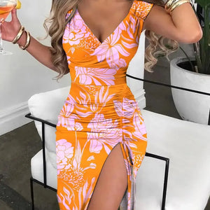 Summer Women Print Dress Fashion Casual Elegant V-neck Sleeveless Bodycon Beach Party Dresses Robe Femme 2024 New Vestidos