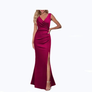 Women's Summer Sexy V-neck Halter Dress Slim Sleeveless Slit Long Dress Solid Color Fashion Dinner Party Temperament Dress