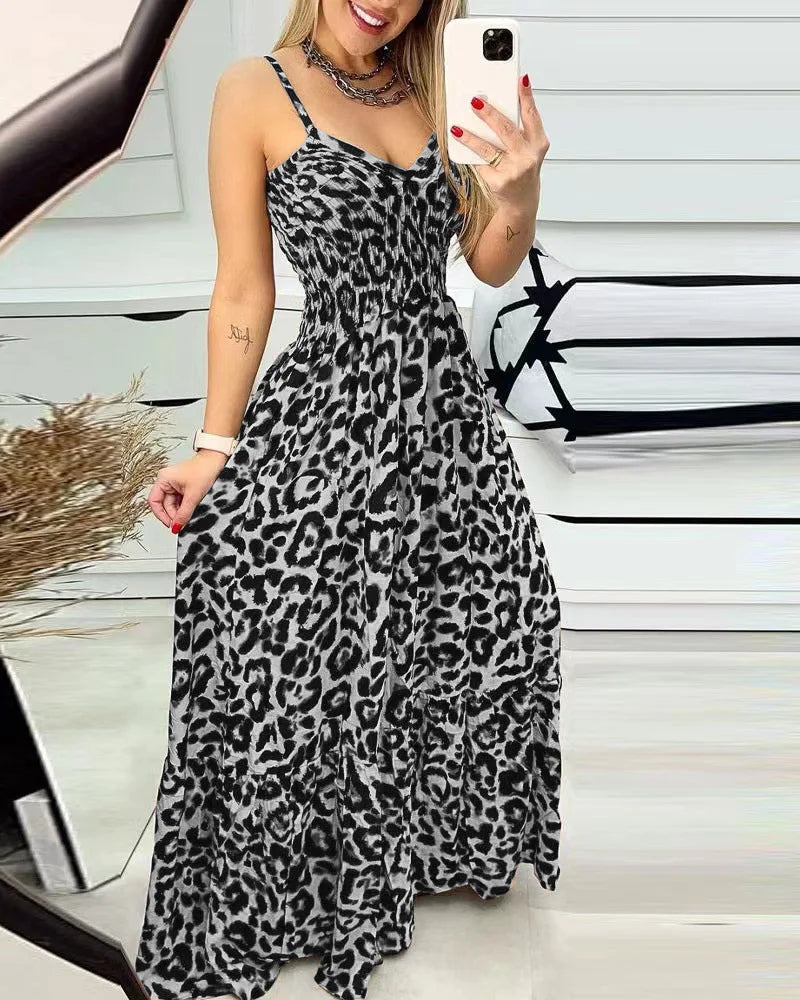 Summer new leopard print camisole V-neck dress high waisted skirt sexy temperament  long skirt women's clothing plus size