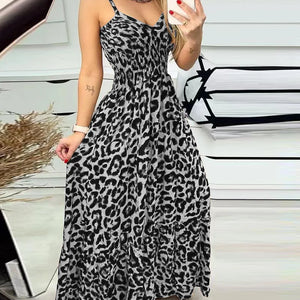 Summer new leopard print camisole V-neck dress high waisted skirt sexy temperament  long skirt women's clothing plus size