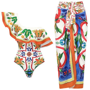 Retro Bikini Printed Fashion Two Piece Swimsuit And Cover Up With Pants Tight Women's Bandage Summer Beach Luxury Elegant