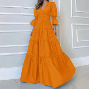 Plus Size 5XL VONDA 2024 Summer Women Long Dress V-Neck Ruffled Maxi Sundress Puff Sleeve Casual Solid Elegant Party Vestidos