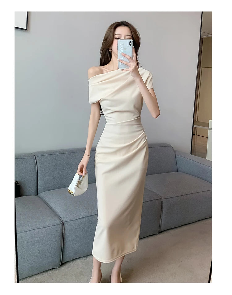 Elegant Off Shoulder Evening Party Dresses Women Summer Fashion Slim One Piece Solid Vestidos Korean Graduation Robe Clothing