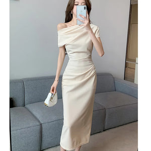 Elegant Off Shoulder Evening Party Dresses Women Summer Fashion Slim One Piece Solid Vestidos Korean Graduation Robe Clothing