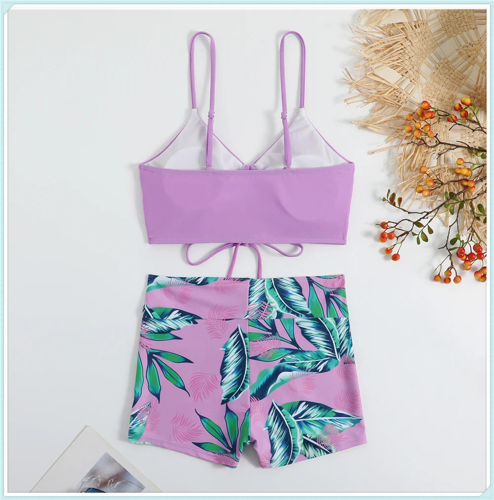 Tropical Print Drawstring Bikini Women High Waist Swimsuit Front Tie Shorts Swimwear Female Sexy Bathing Suit Beach Wear Summer