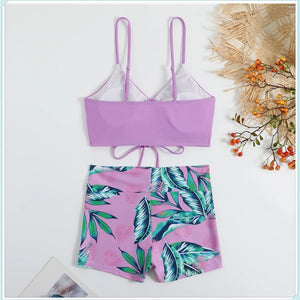 Tropical Print Drawstring Bikini Women High Waist Swimsuit Front Tie Shorts Swimwear Female Sexy Bathing Suit Beach Wear Summer