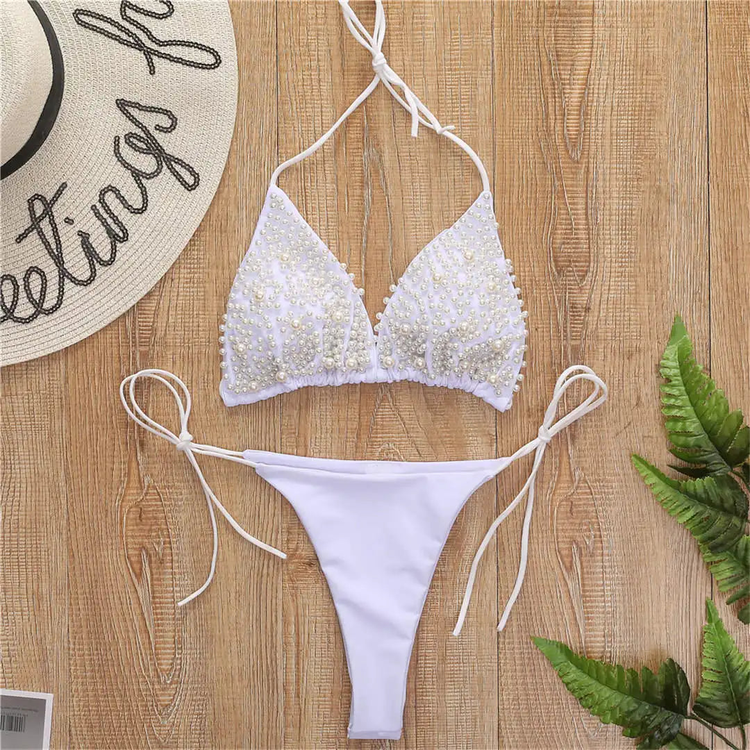 Sexy Halter Mini Bikini Female Swimsuit Women Swimwear Two-pieces Bikini set Luxury Pearl Bather Bathing Suit Swim Lady V2090