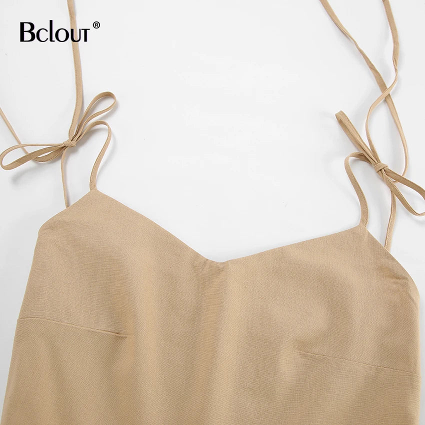 Bclout Fashion Brown Linen Long Dress Women 2024 Elegant Lace-Up Pockets A-Line Dresses Summer Sexy Backless Party Pleated Dress